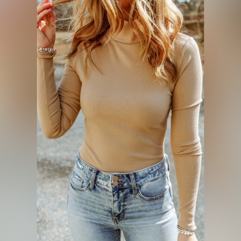 NEW Khaki Tan Ribbed Knit Mockneck Long Sleeve Top Size Extra Large